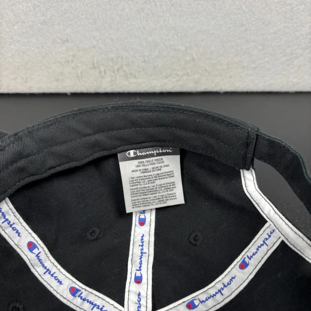 Champion Baseball Cap Hat Black Adjustable Strap Back Raised White Logo OSFM